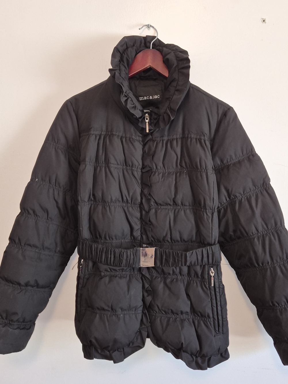 Black Quilted Puffer Jacket with Belt Women